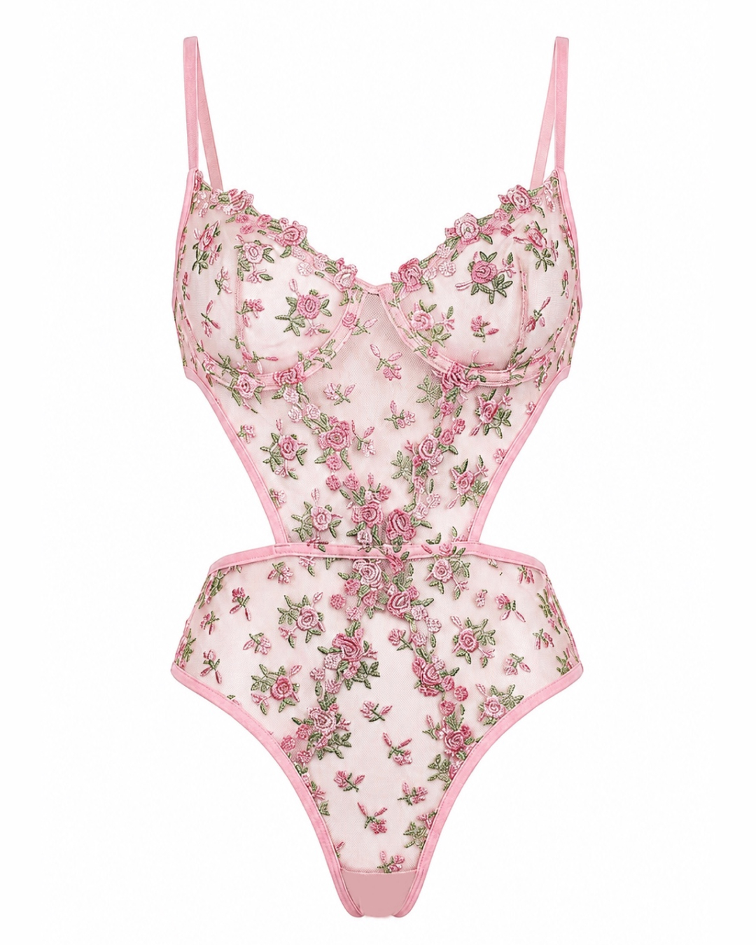 Pembe Nakışlı İp Askılı Kapsız Dantel Bodysuit ön görünüm