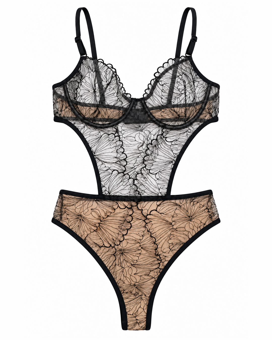 Signature Collection Siyah İp Askılı Kapsız Dantel Bodysuit ön görünüm